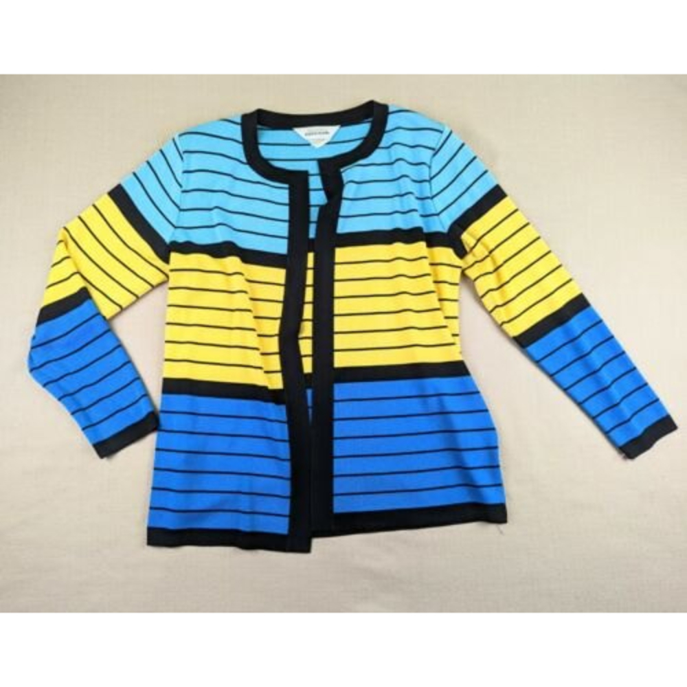 Exclusively Misook Womens M Blue Yellow Striped Acrylic Open Cardigan Sweater - Picture 7 of 12